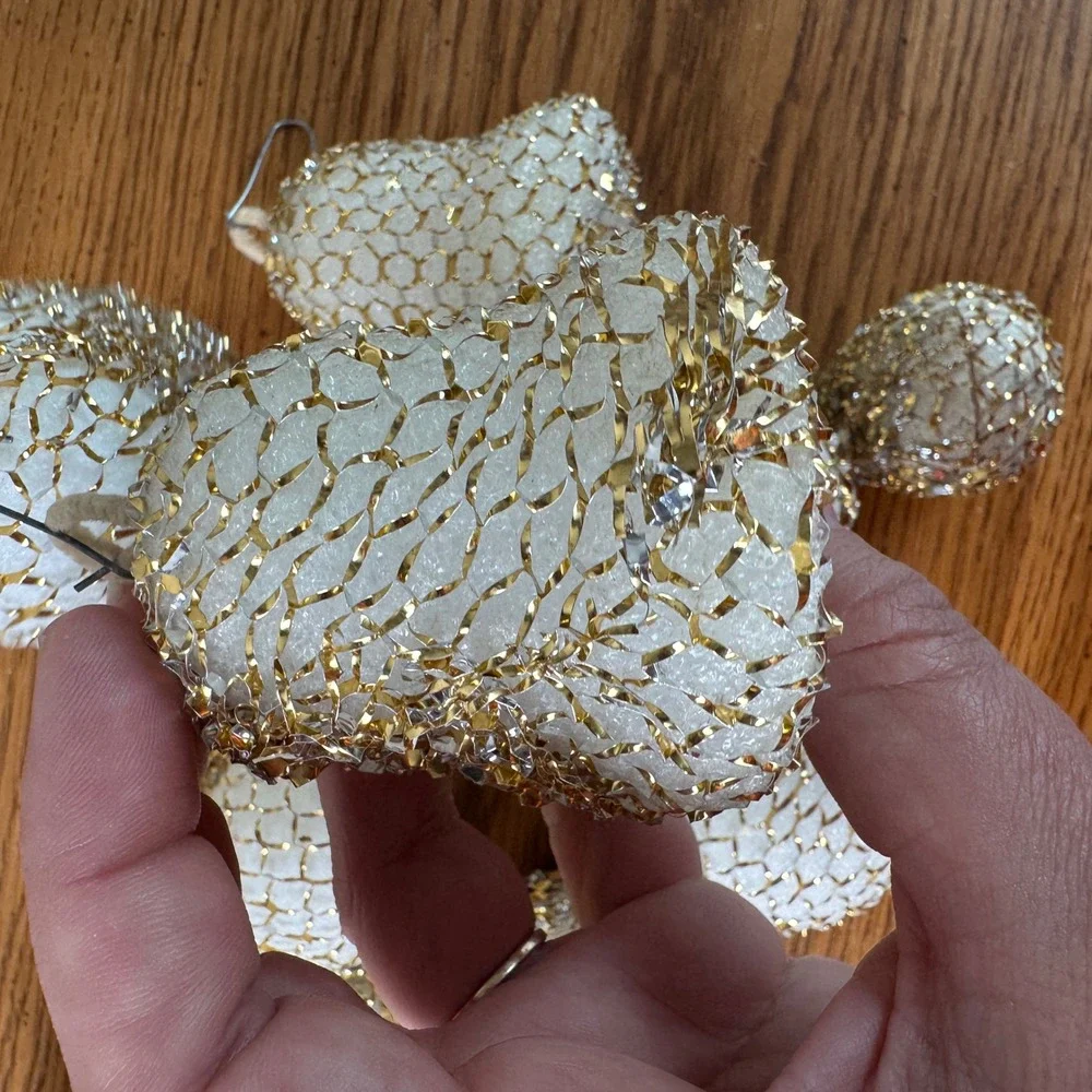 Set of 10 Vintage Glitter Mesh Sphere Bell Ornaments White Gold Christmas Decor‎